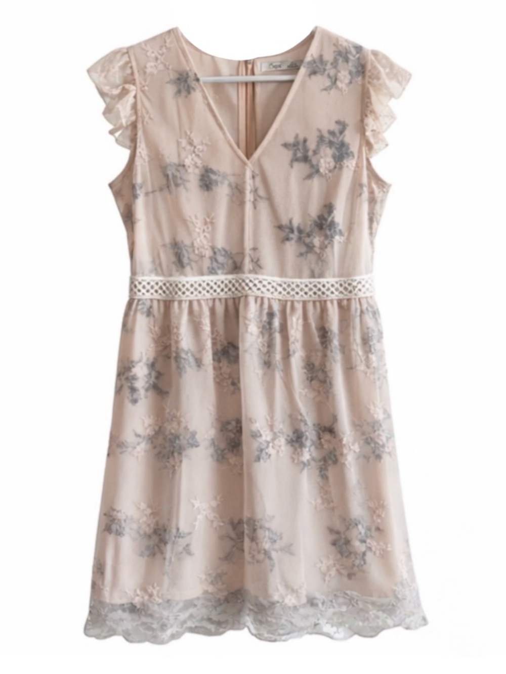 4/$20➡️ Dex Blush & Gray Floral Lace Mesh Flutter Sleeve Dress – Size Large EUC